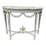Louis XVI style half-moon console table with carved and painted wood and marble top