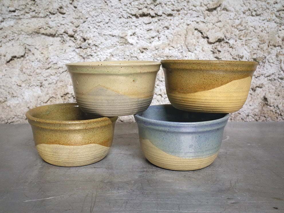 Set of 4 ramekins in semi-glazed sandstone, signed