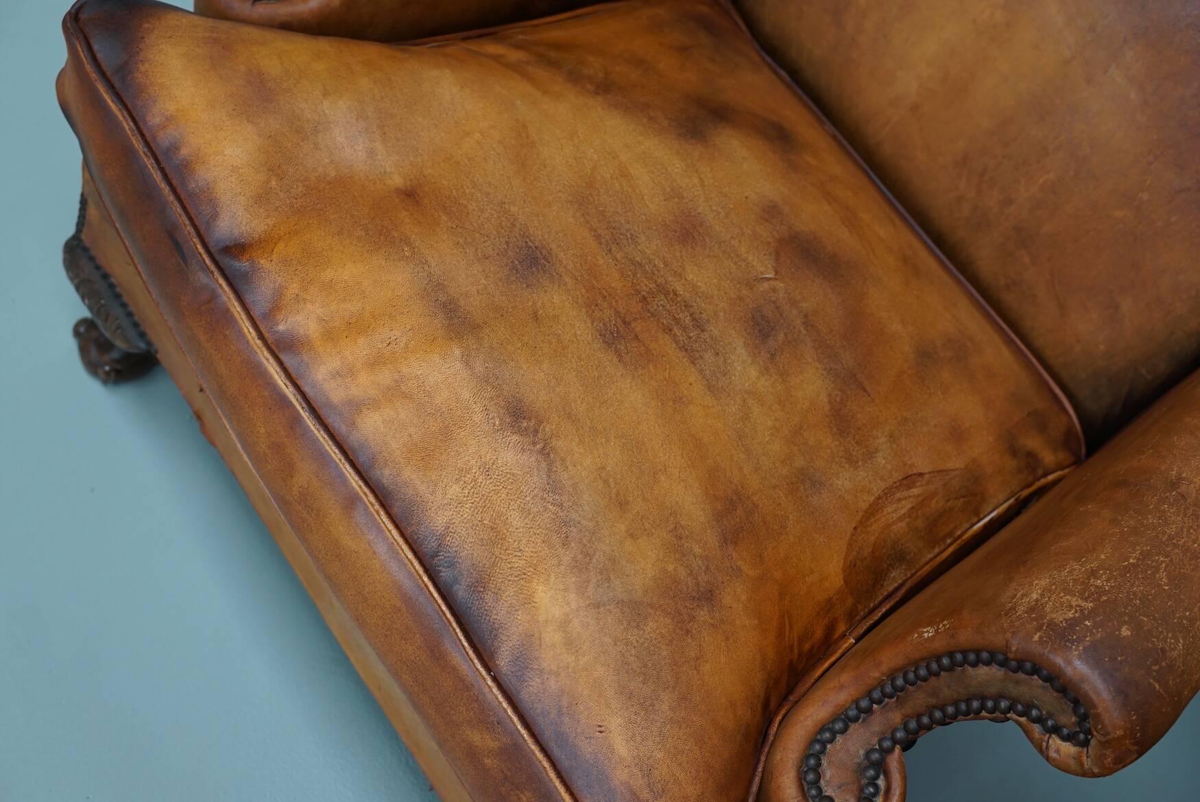 Old Patinated Dutch Cognac Colored Leather Club Chair, Set of 2