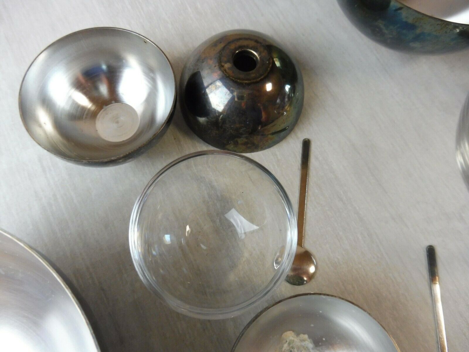Old breakfast service, confectioner, sugar bowl, silver metal ball + glass