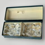 Pair of crystal salt shakers and glass spoons signed Daum Cristal