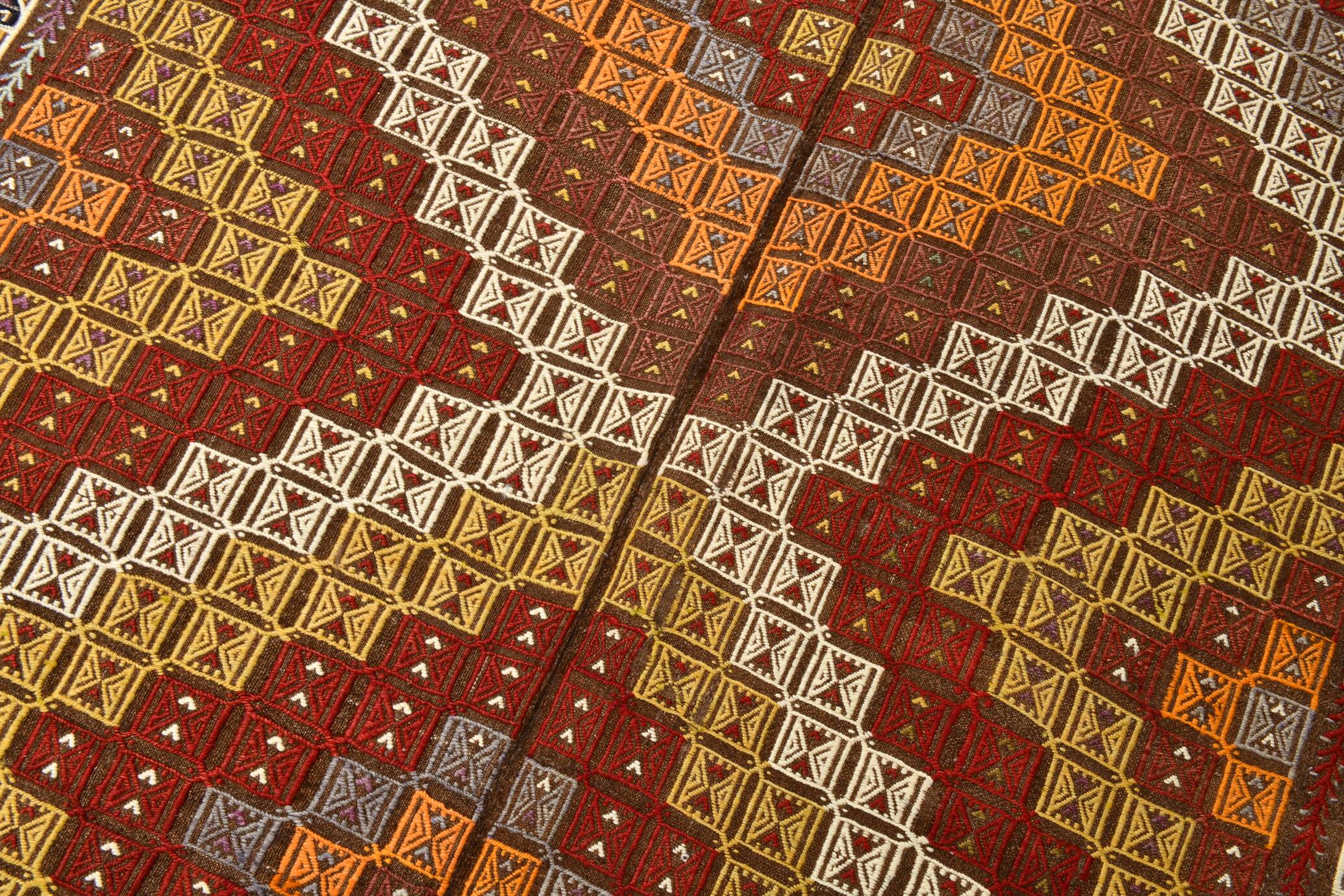 Deep Burgundy & Mustard Yellow Star Pattern Turkish Kilim Rug, 145x282 Cm