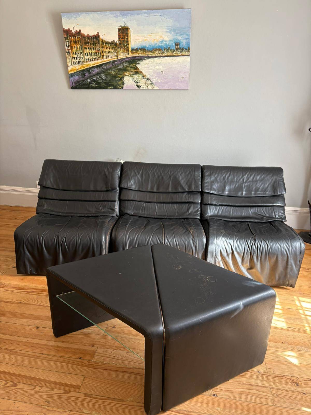 Modular canapé De Sede + matching tables – black leather – vintage year