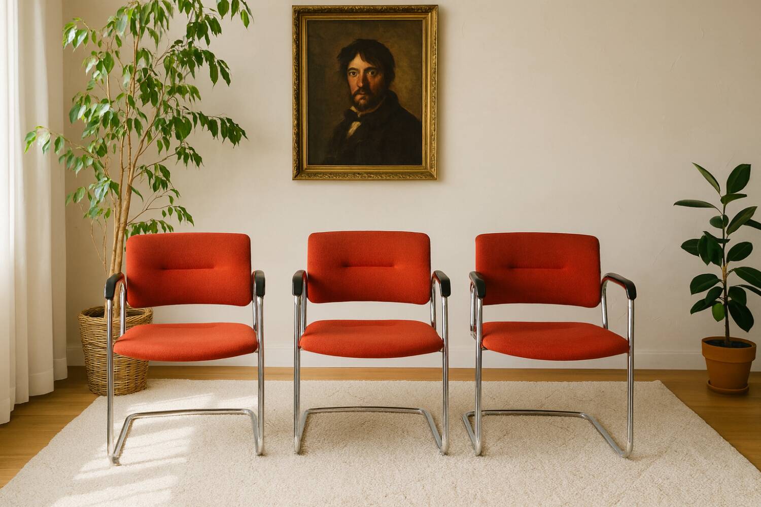 3 vintage chrome metal armchairs with orange fabric tops