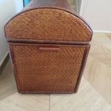 Vintage storage chest - curved - woven rattan - 1970s - mahogany colour