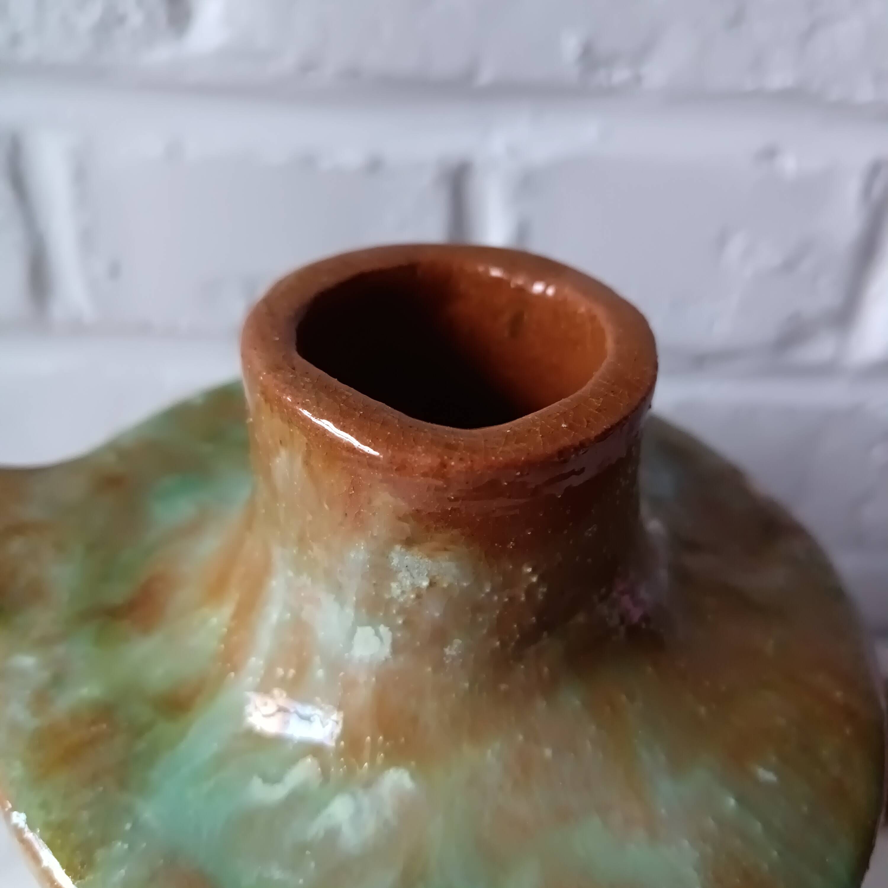 Vintage green enamelled handmade terracotta jar France