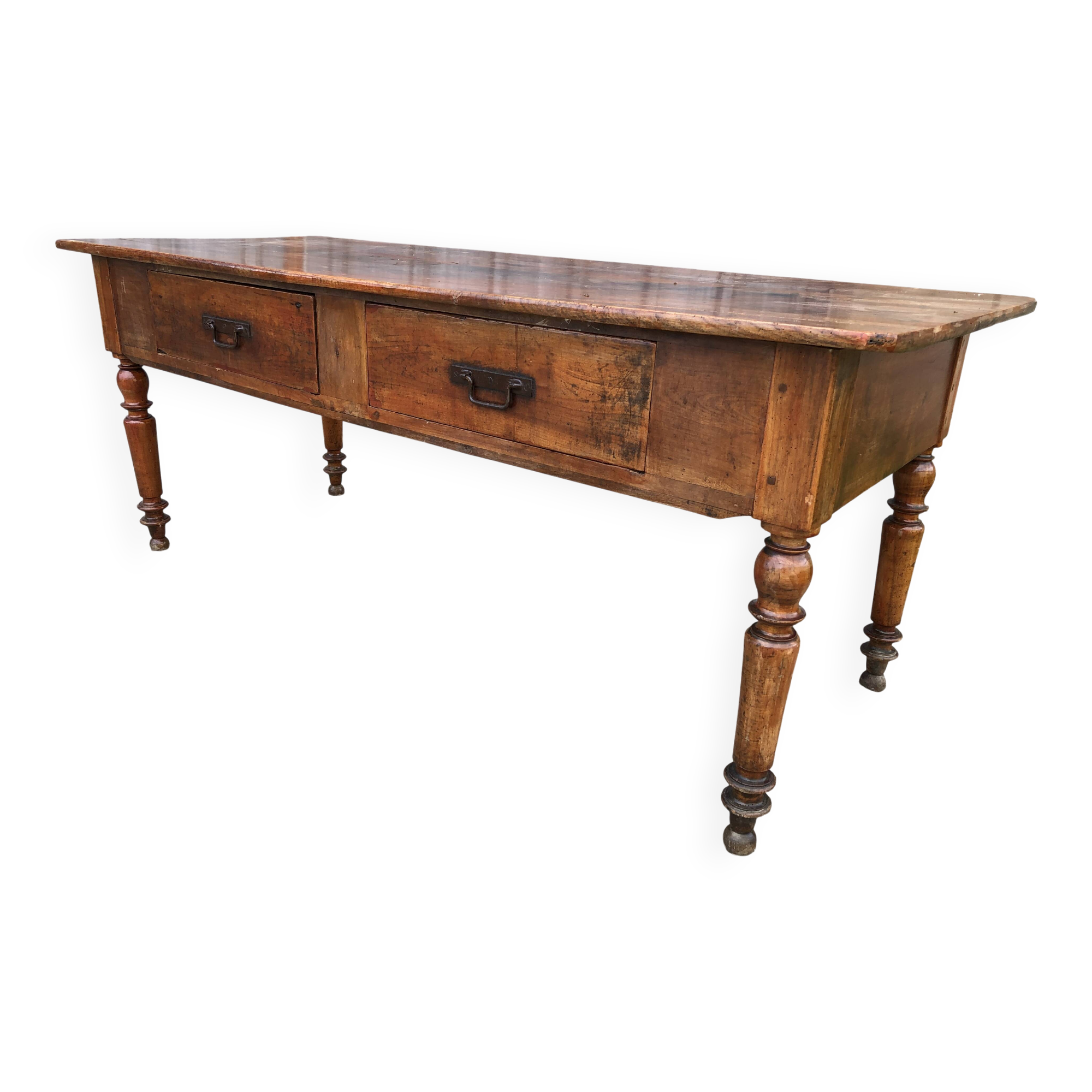 Old farmhouse table in solid cherry wood with 2 front drawers.