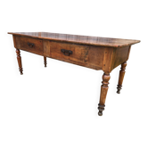 Old farmhouse table in solid cherry wood with 2 front drawers.