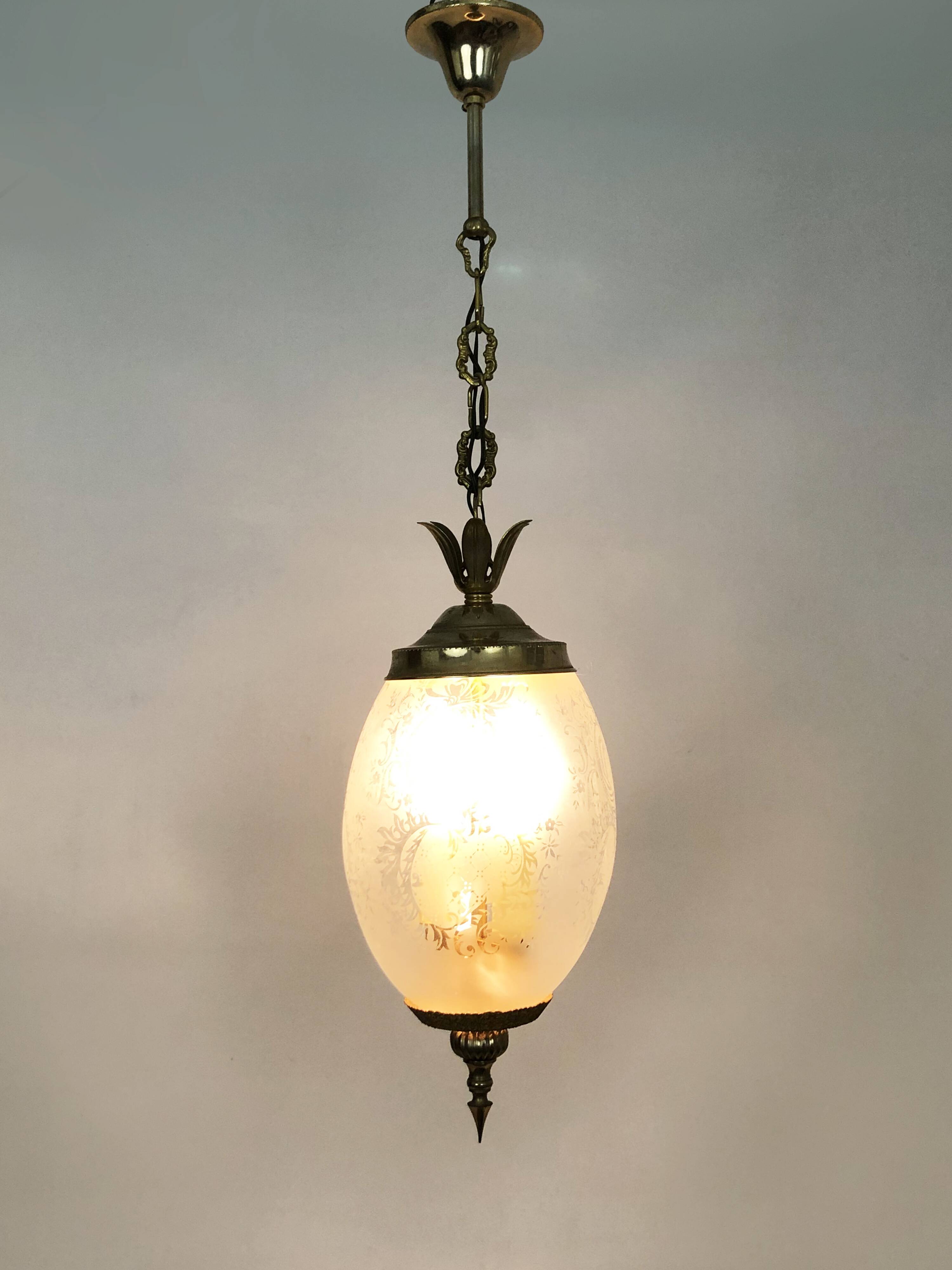 Suspension, brass chandelier and engraved glass globe with 2 lights. Louis XV style. 60s