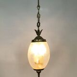 Suspension, brass chandelier and engraved glass globe with 2 lights. Louis XV style. 60s