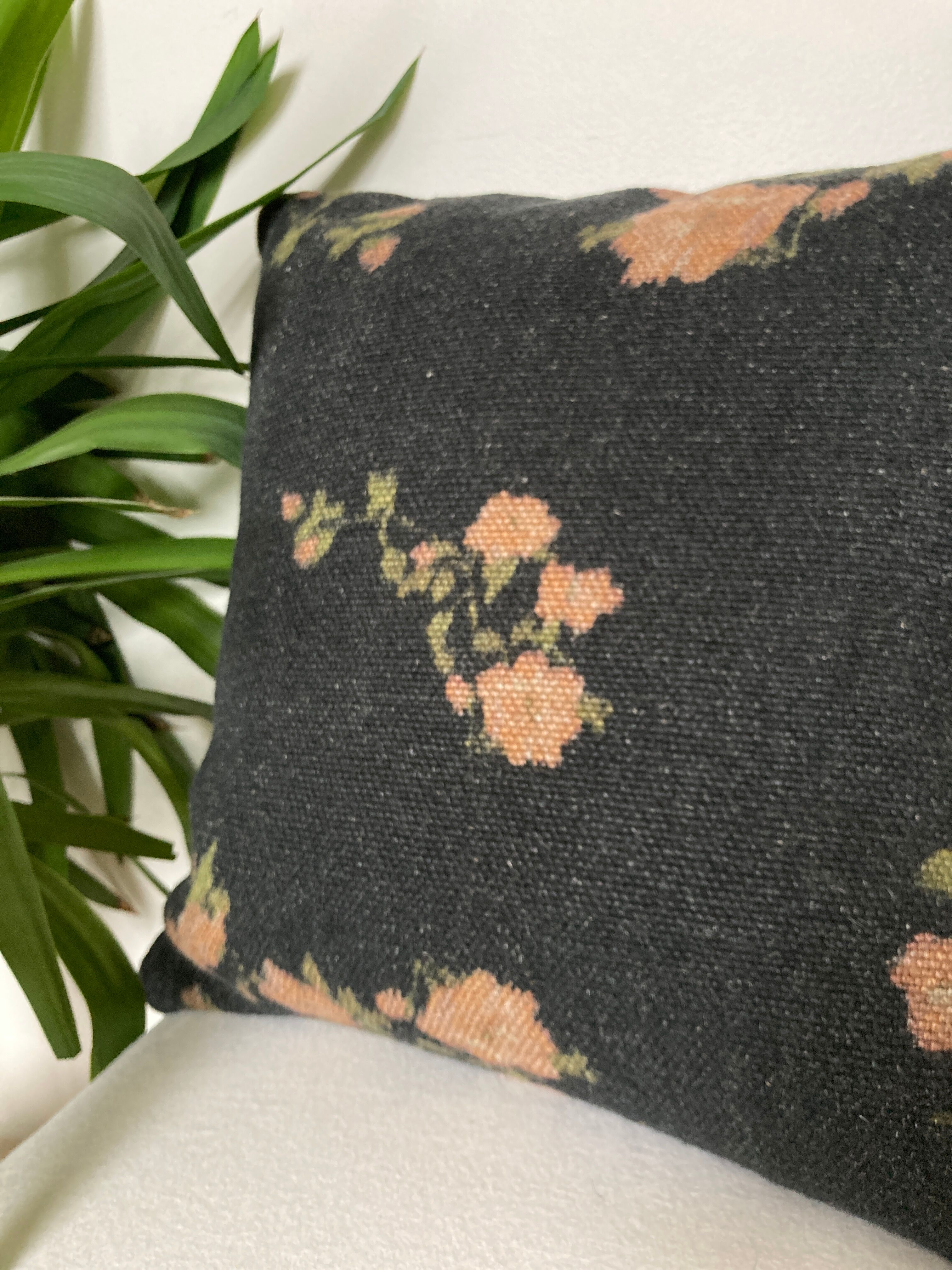 Linen cushion floral pattern black pink