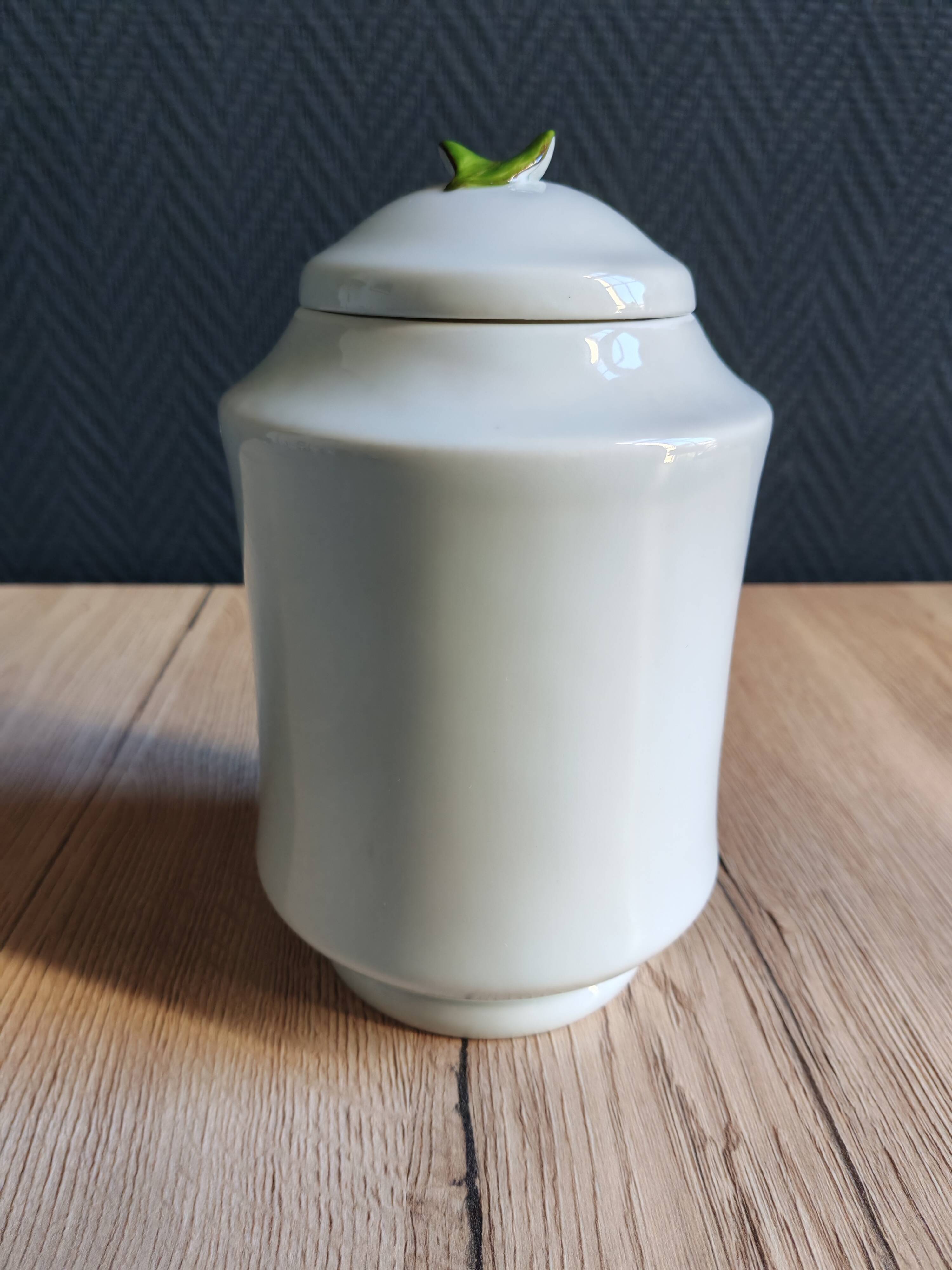 Porcelain jam pot with hand-painted plum design, signed sweet jar.