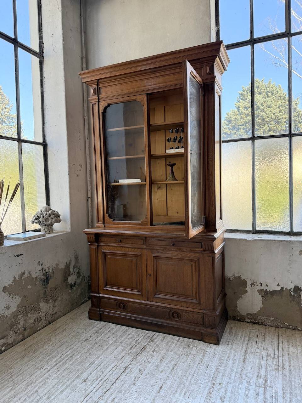 Antique XL Napoleonic oak glass bookcase, 19th century