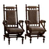 Pair of sculptural Danish modern rocking chairs in lambswool and oak, brutalist, 1950.