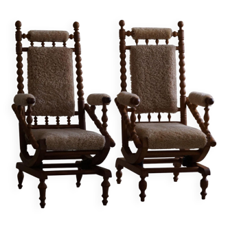 Pair of sculptural Danish modern rocking chairs in lambswool and oak, brutalist, 1950.