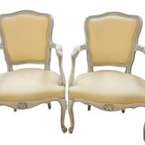 Pair of Cabriolet Armchairs in Louis XV Style - Patinated Wood and Yellow Fabric