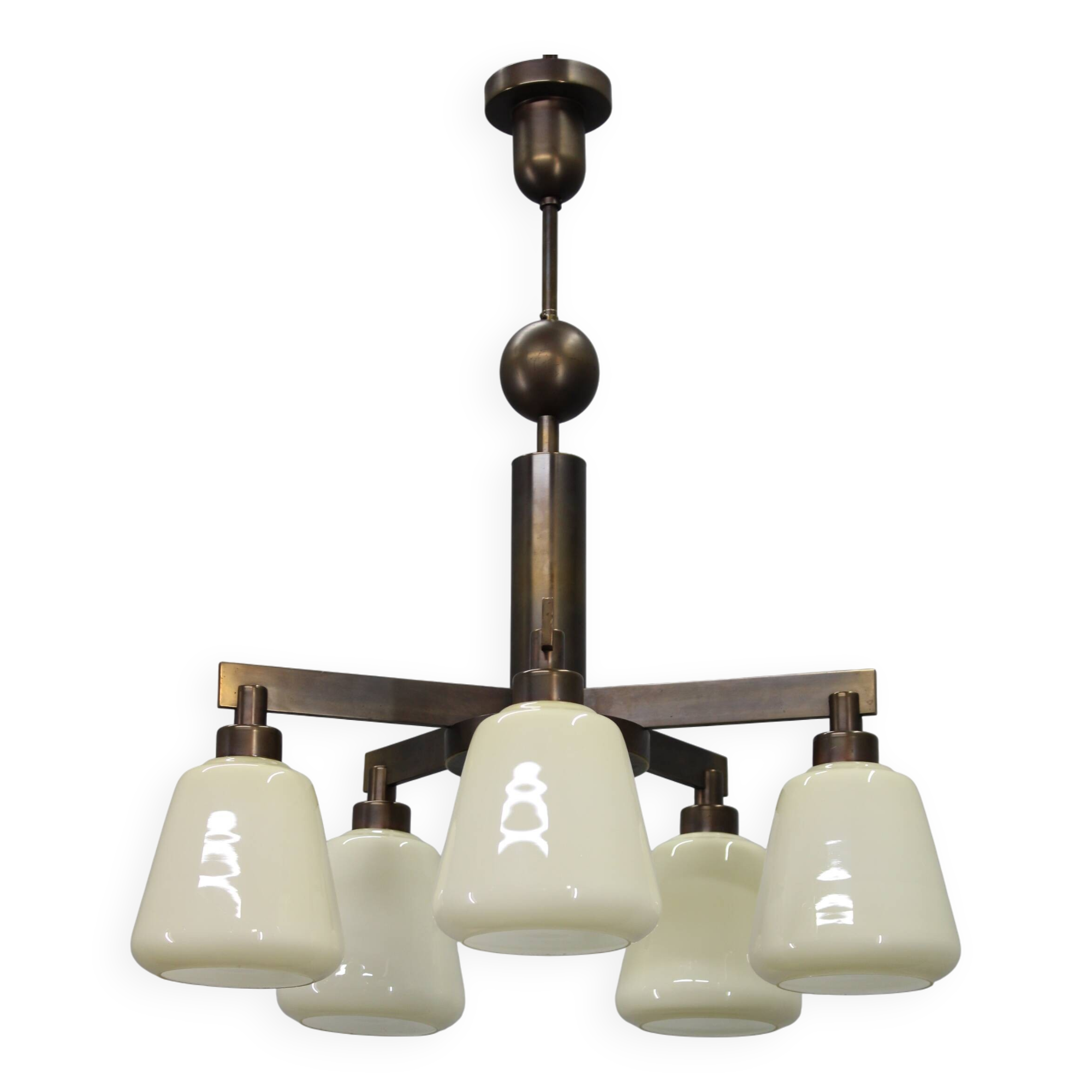 1930s Art Deco Brass Chandelier, Czechoslovakia