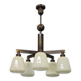 1930s Art Deco Brass Chandelier, Czechoslovakia