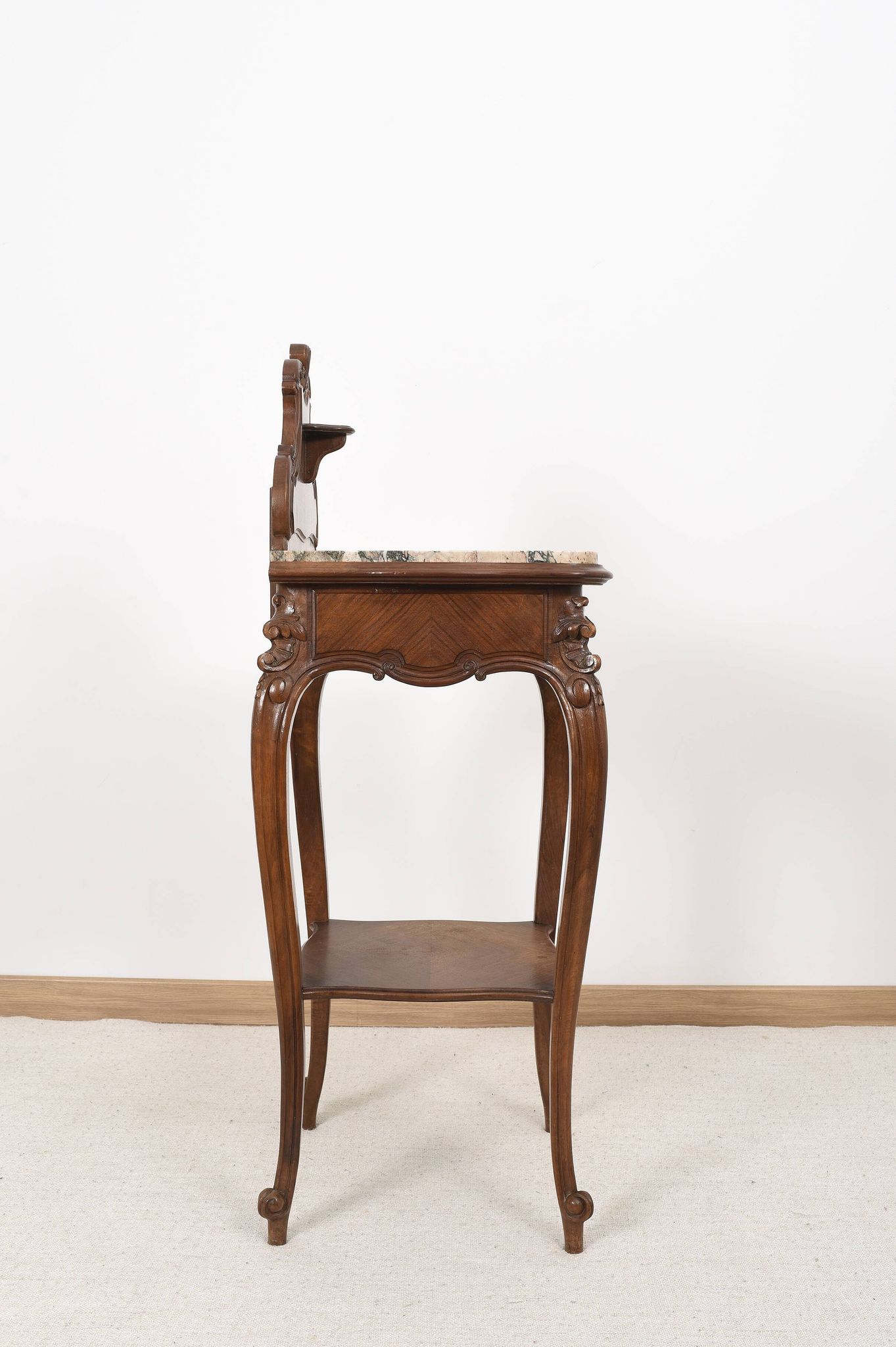 Pedestal table, old bedside table, Louis XV style, in wood and marble