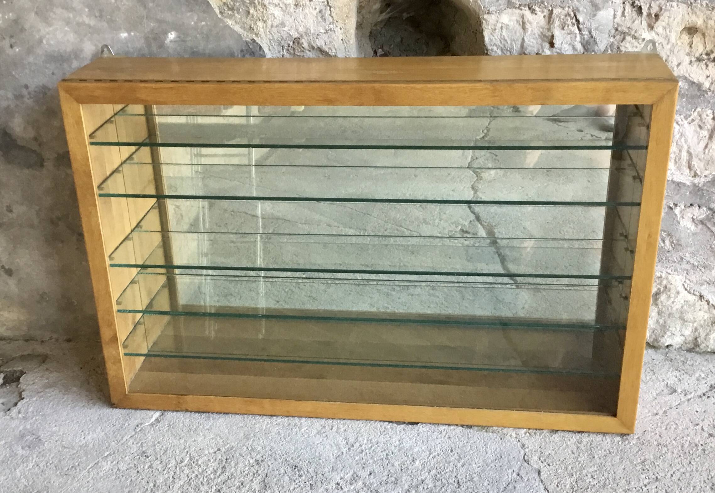 Large pharmacy wall display case in light oak - vintage 1960
