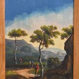 Pair of chairs with slatted backs and painted bands depicting animated landscapes.