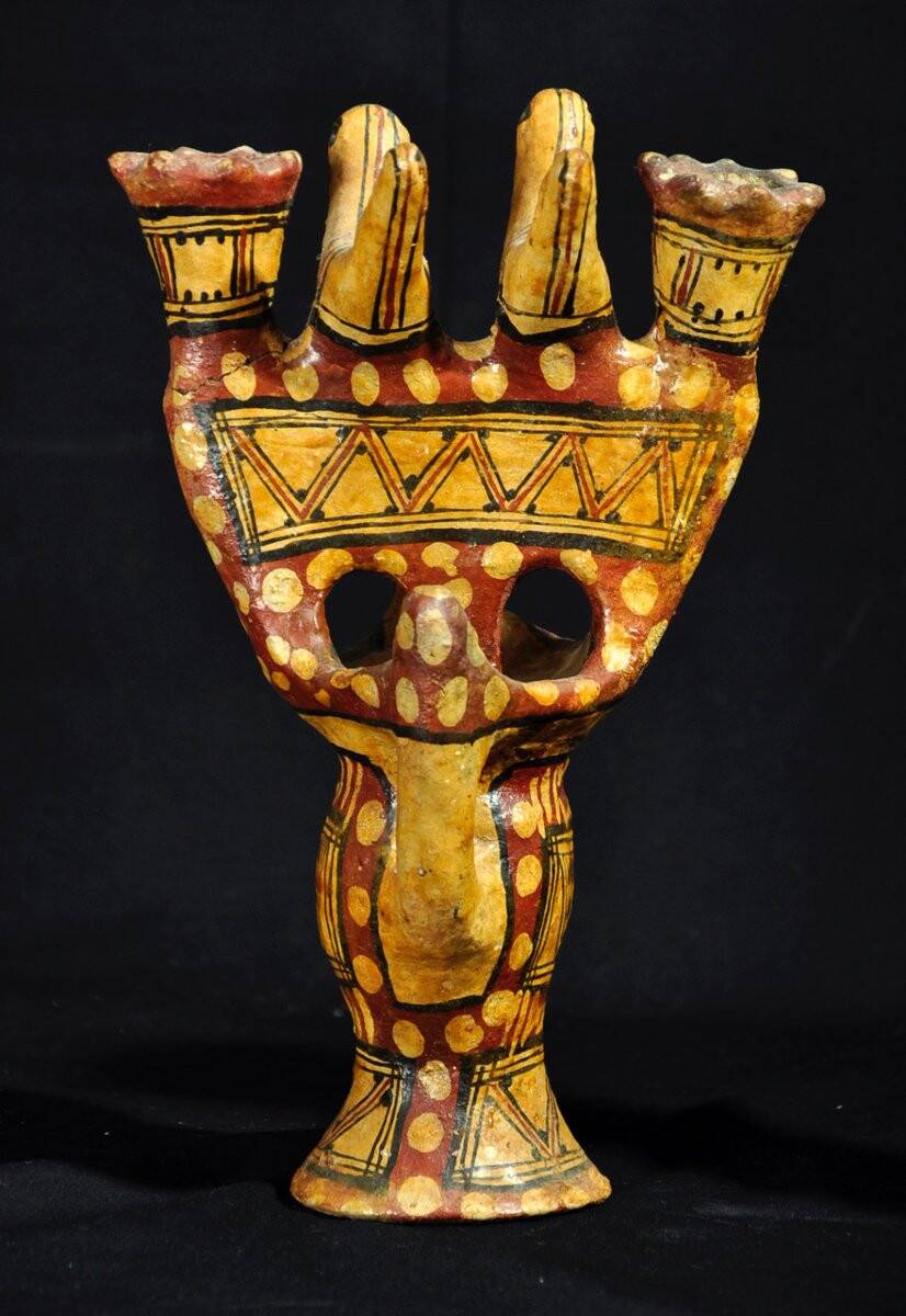 Late 19th century Kabyle pottery candlestick with polychrome geometric decoration