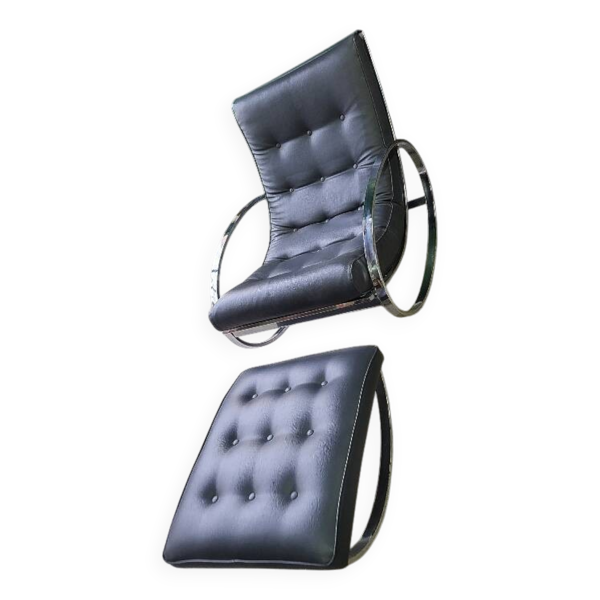 Fauteuil rocking chair + repose pieds en skyl et metal chrome des annees 19