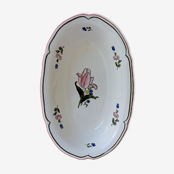 Oblong vegetable in glazed polychrome earthenware with floral decoration