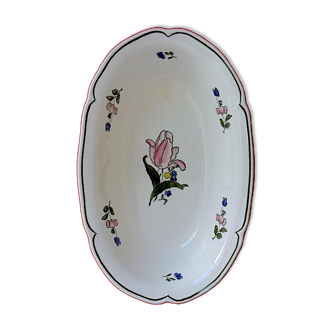 Oblong vegetable in glazed polychrome earthenware with floral decoration