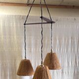 Scandinavian style three-light pendant in teak and sisal - 1960s/70s
