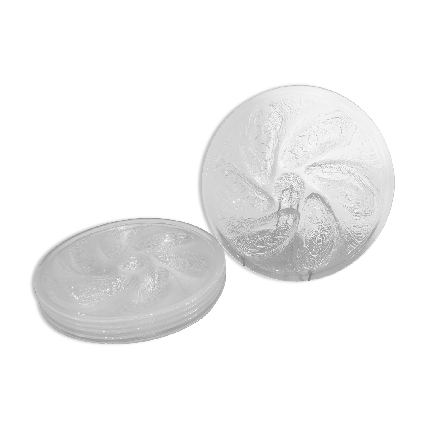 6 embossed glass oyster plates, 1970s Arcoroc France