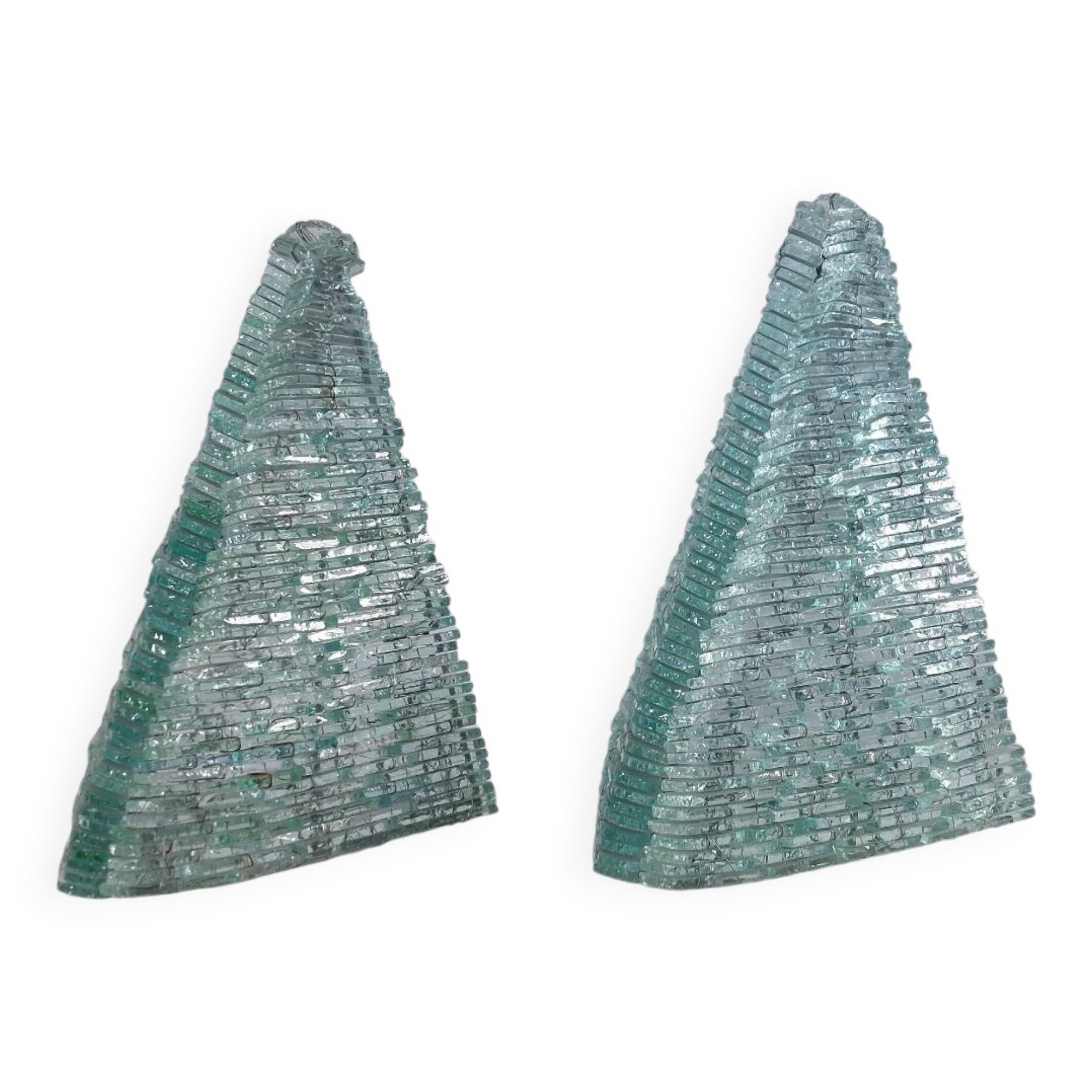 Pair of pyramid-shaped wall sconces in glass in vintage French style.