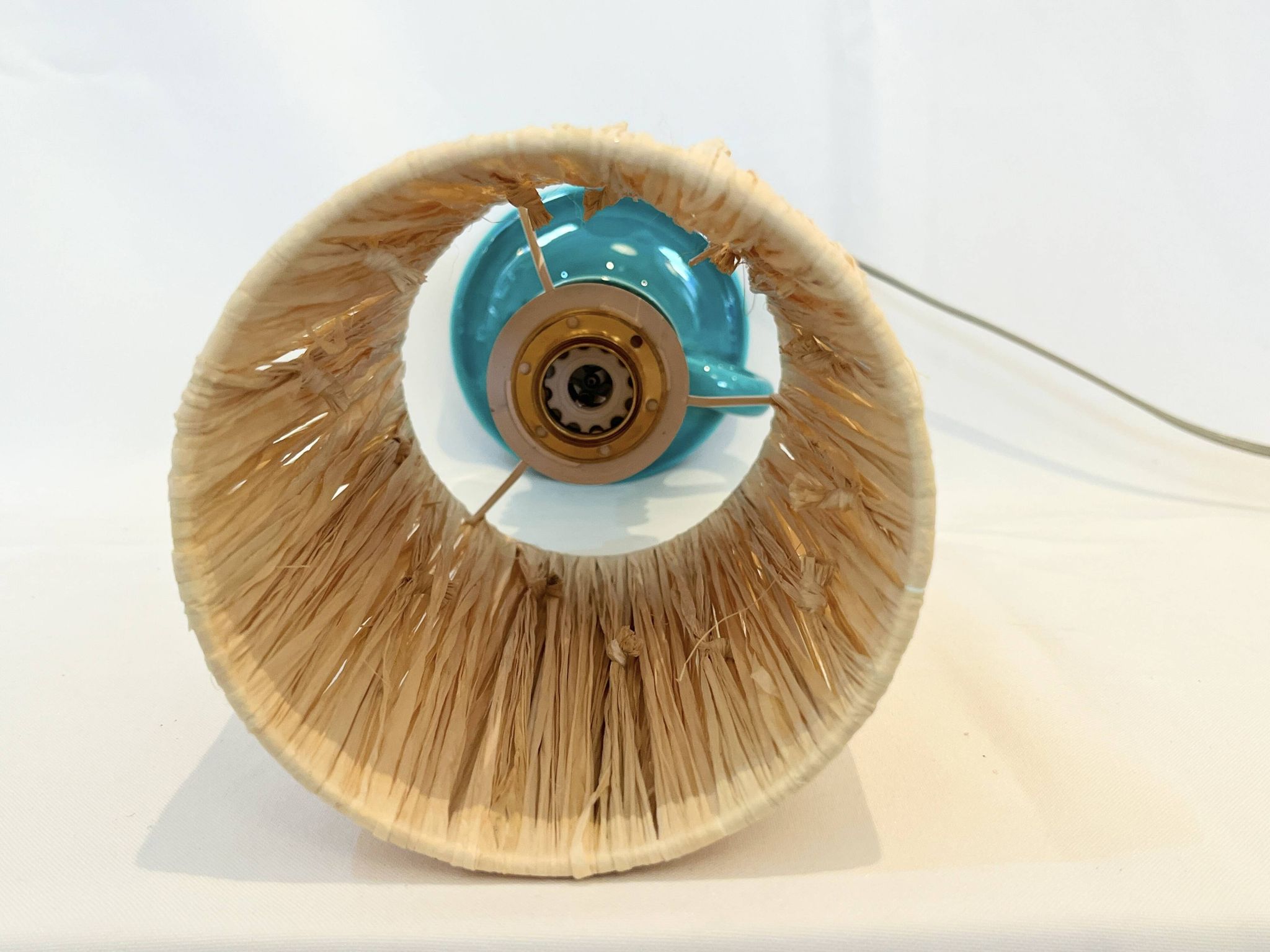 Art Deco green ceramic candle holder lamp base with raffia shade
