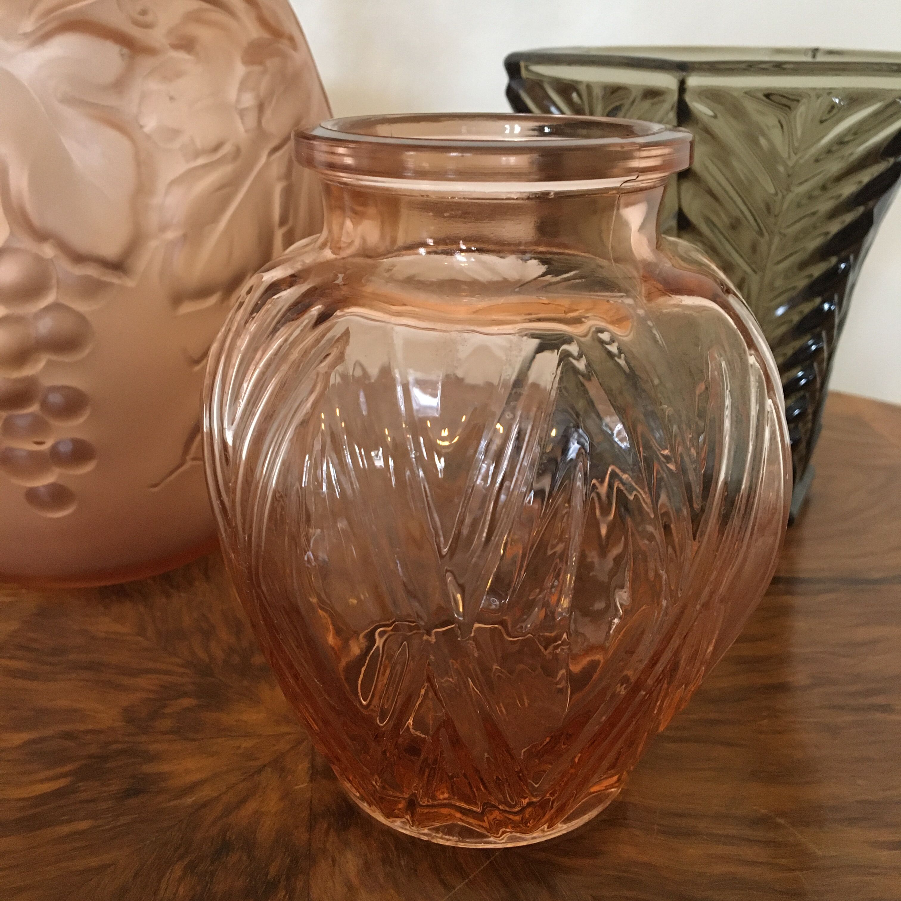 Pressed glass vase molded pink Art Deco