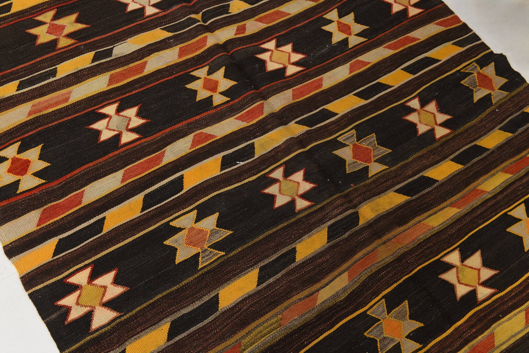 6x10 Dark Brown & Yellow Striped Handmade Wool Kilim Rug, 170x312 Cm