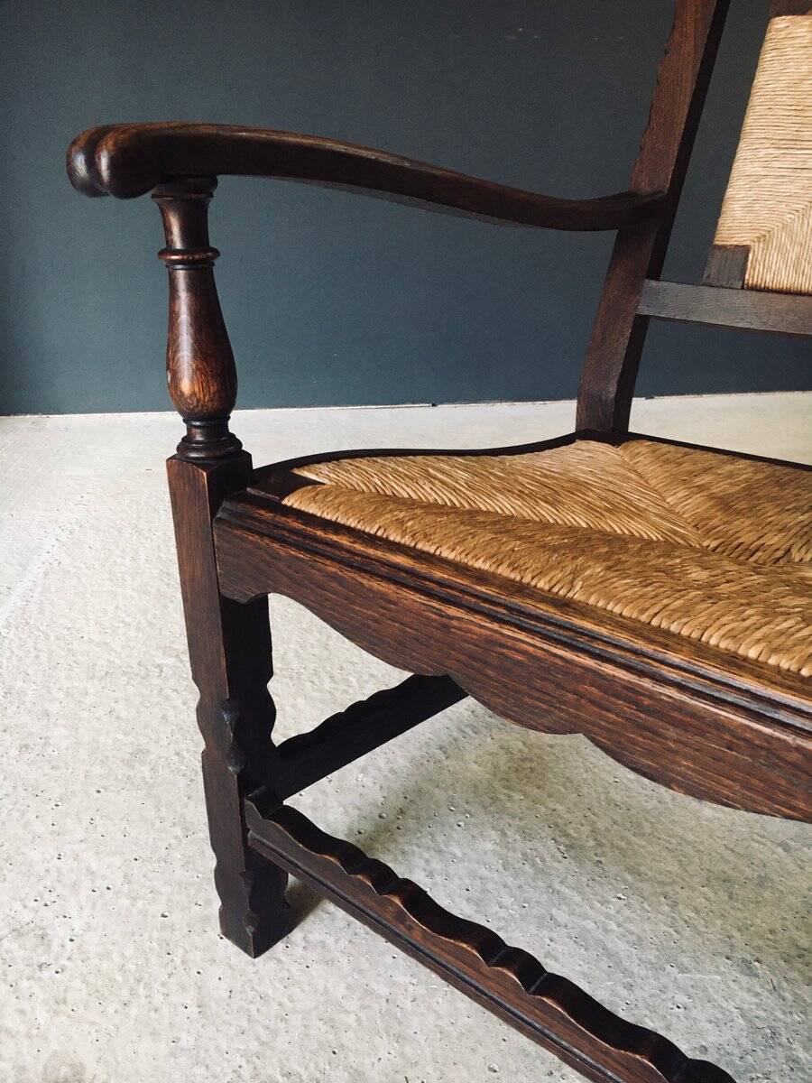 Low Arts & Crafts Oak & Rush Armchair, Belgium 1920s