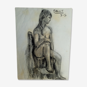 Drawing 2 nudes in charcoal / 1950/60 signed