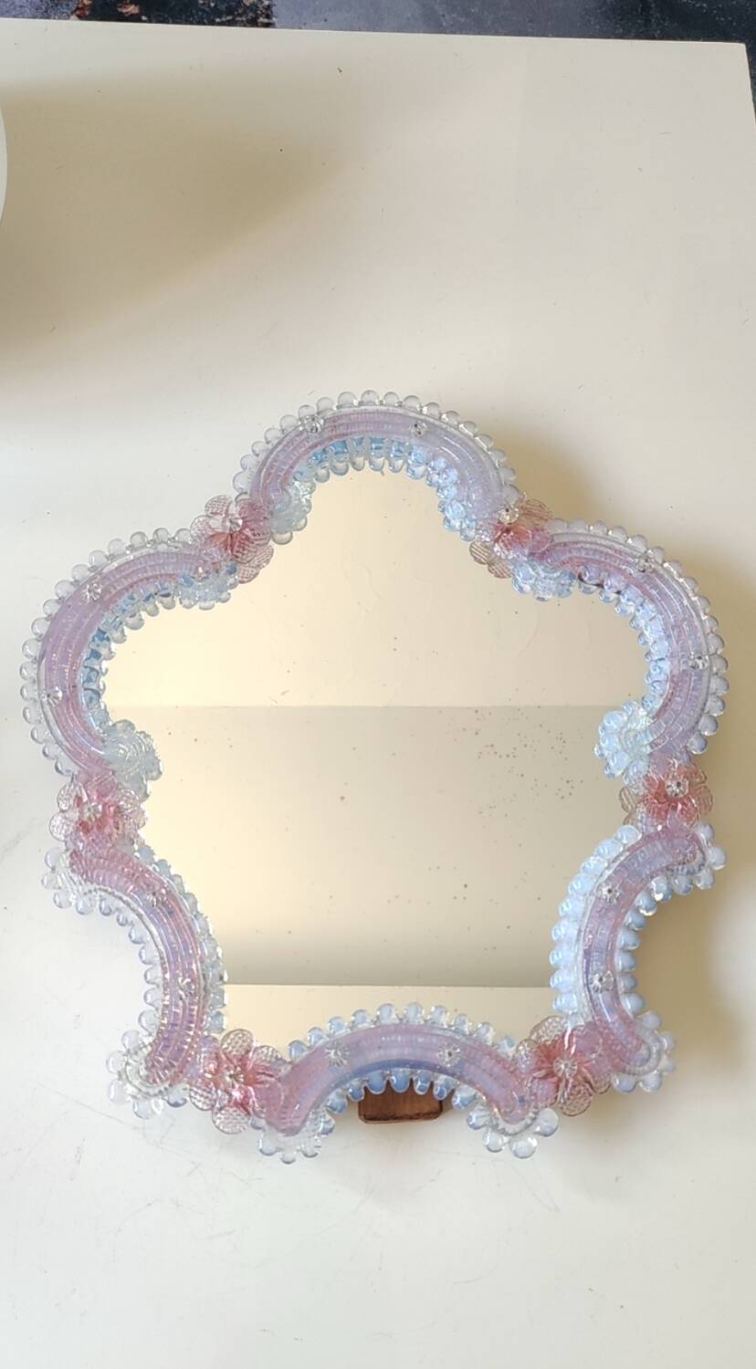 Iridescent blown glass mirror table/dressing table Murano. Floral patterns.
