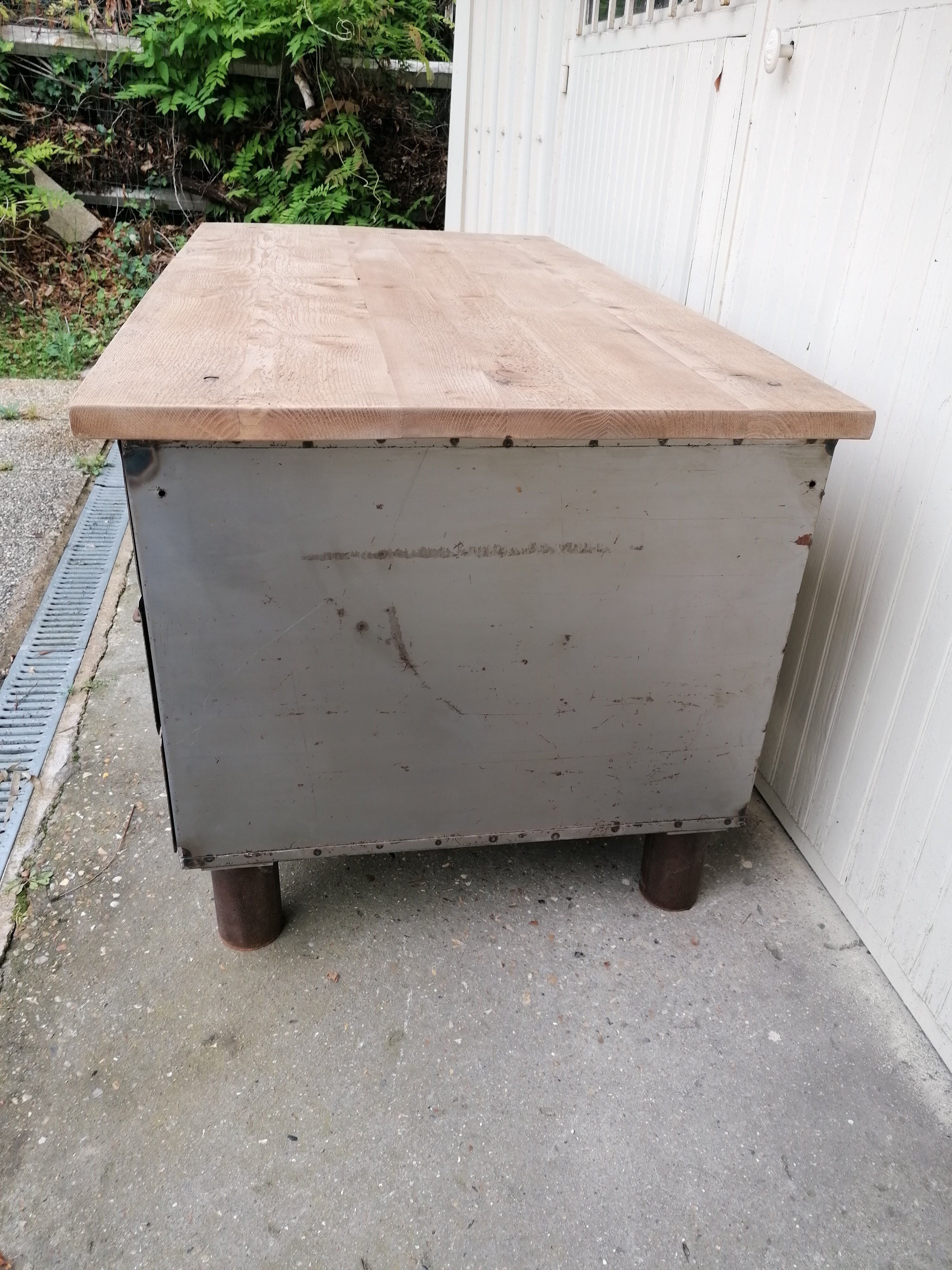 Antique workshop workbench, vintage, metal and wood