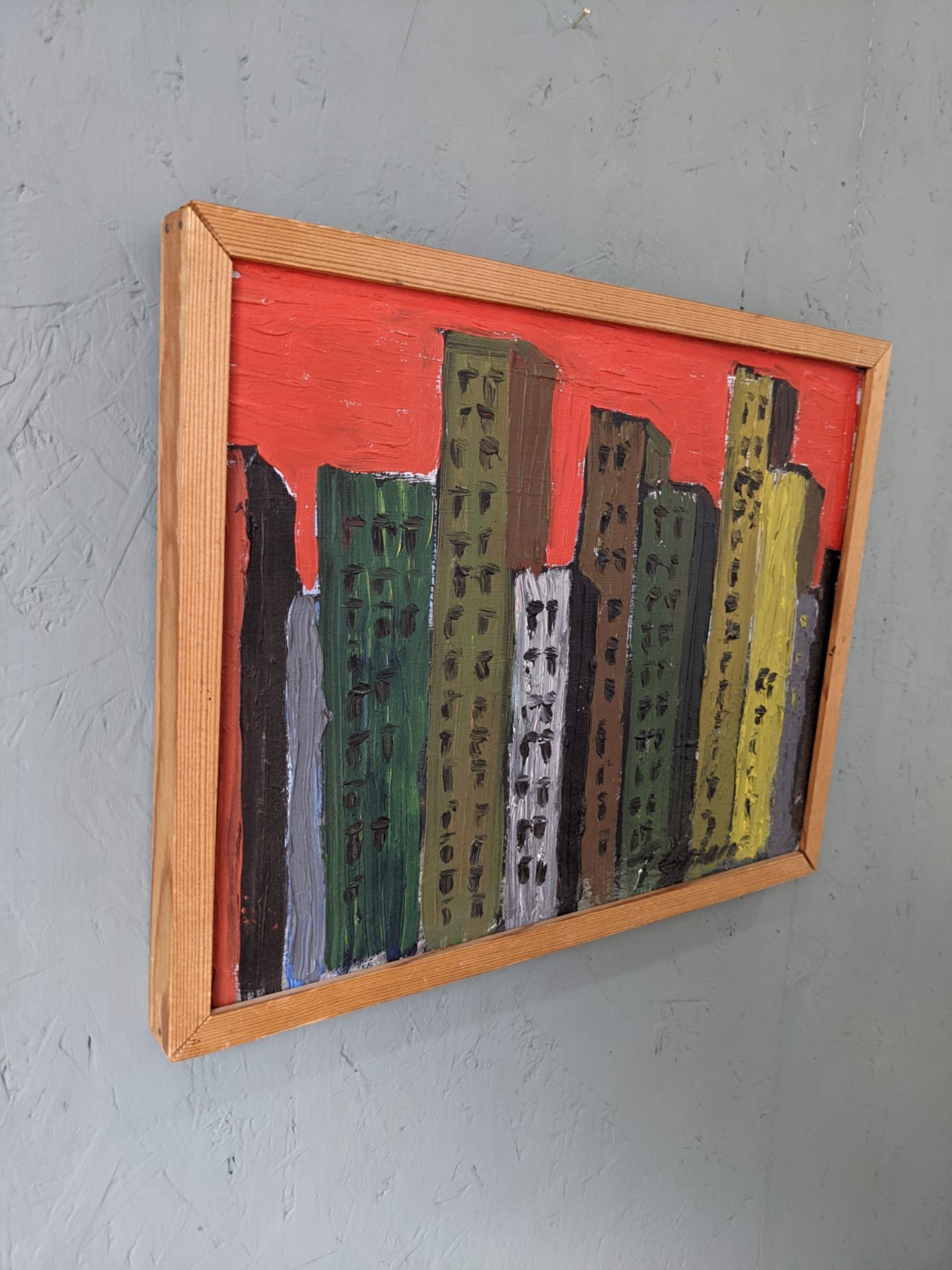 Mid-Century Modern Swedish "Skyline" Vintage Framed Cityscape Oil Painting