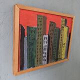 Mid-Century Modern Swedish "Skyline" Vintage Framed Cityscape Oil Painting