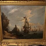 "View of a Busy Port" Oil on Canvas and its Frame, 18th Century