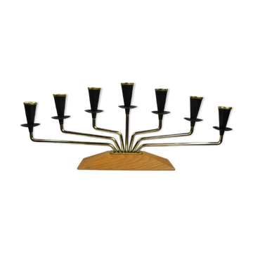 Brass, Black Painted Metal and Teak Candelabra by Gunnar Ander for Ystad-Metall, Sweden, 1960s