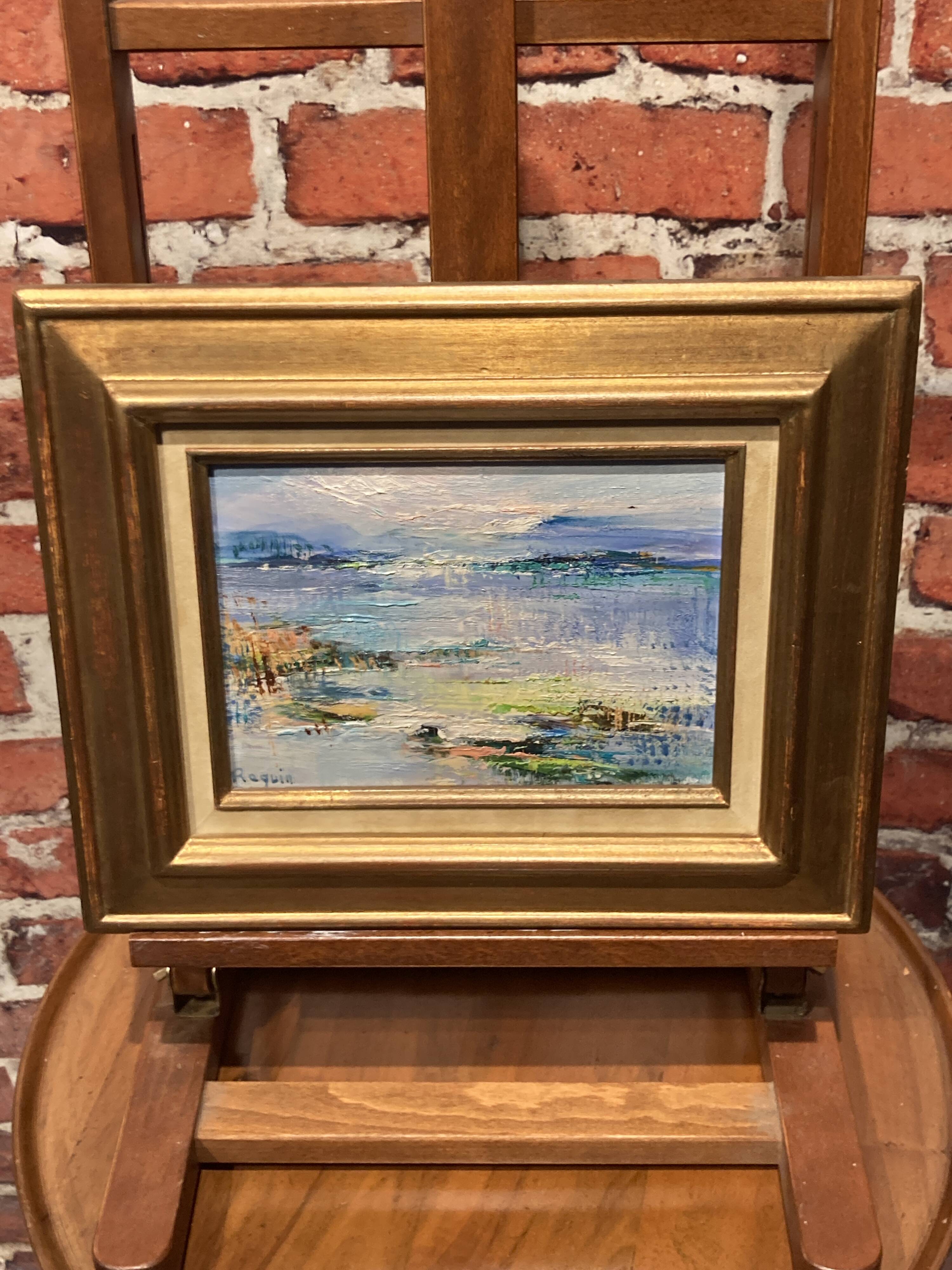 Oil on canvas framed by an abstract landscape