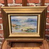 Oil on canvas framed by an abstract landscape