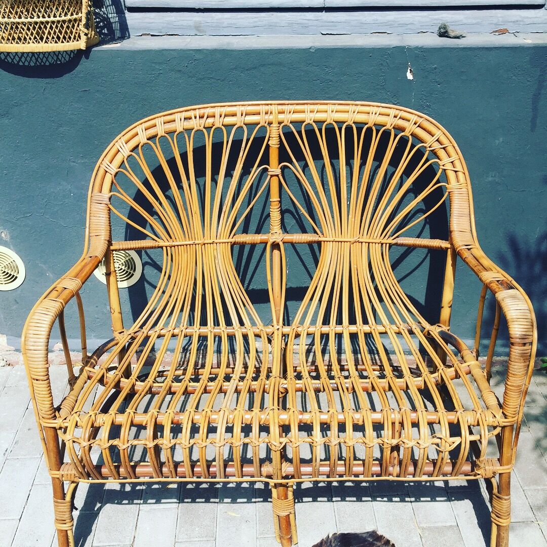 Vintage rattan and bamboo bench