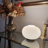 Murano Glass White Swirl Globe Table Lamp on Golden Base | MCM Midcentury Modern | Italian Minimalistic Design | Handcrafted Bedside Light