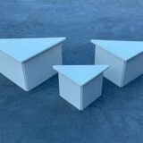 Set of three triangle side tables wood white creme design