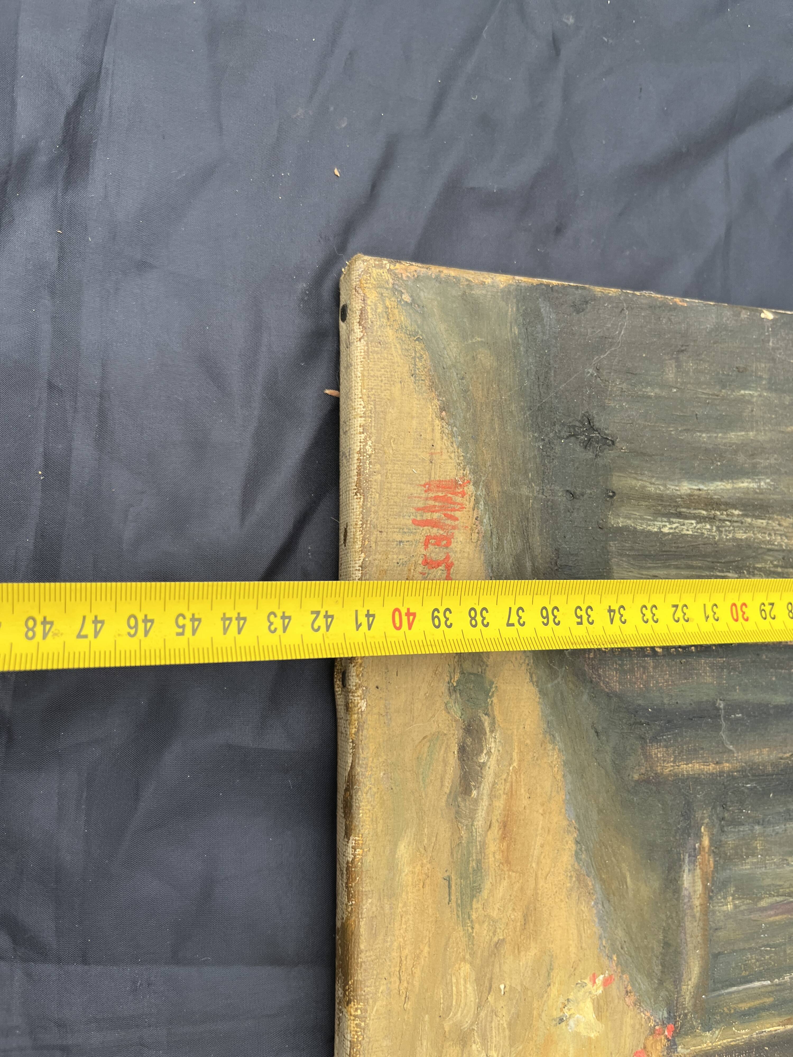 Painting on canvas signed “Wyett” – Village scene with chickens