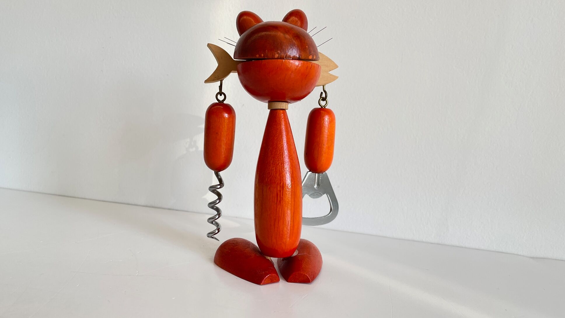 Vintage wooden cat corkscrew